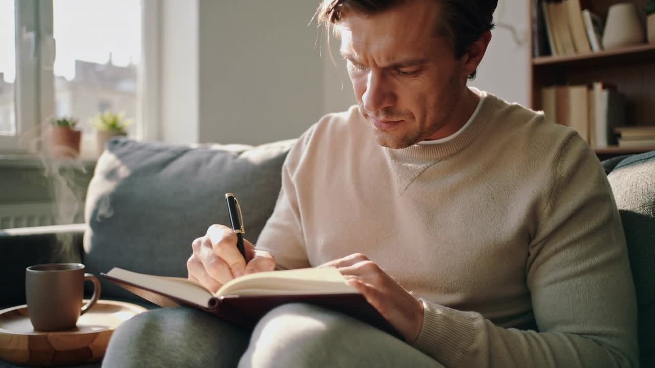 Uomo con maglione beige chiaro che, aprendo un taccuino, scrive con una penna nera sul divano, annotando i suoi pensieri