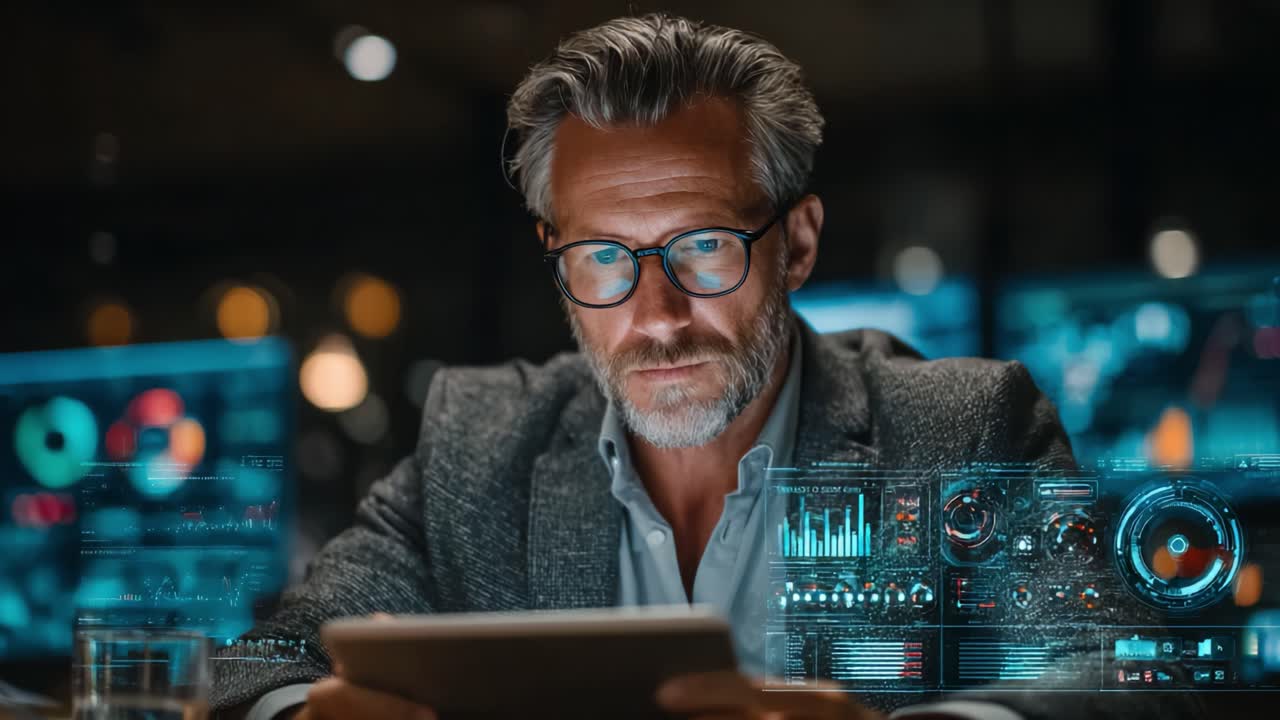 Fokuseret professionel analyserer data gennem avancerede grænseflader i et moderne arbejdsmiljø og fremviser krydsfeltet mellem teknologi og indsigtsfuld beslutningstagning