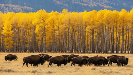 A Majestic Herd of Bison Roaming Through Vibrant Autumn Landscape: Golden Aspens Towering Above in a Natural Symphony of Colors