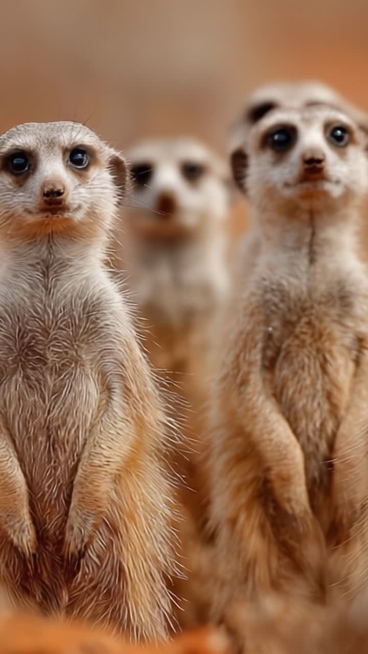 A Group of Alert Meerkats Standing Upright and Observing Their Surroundings in a Natural Habitat Setting