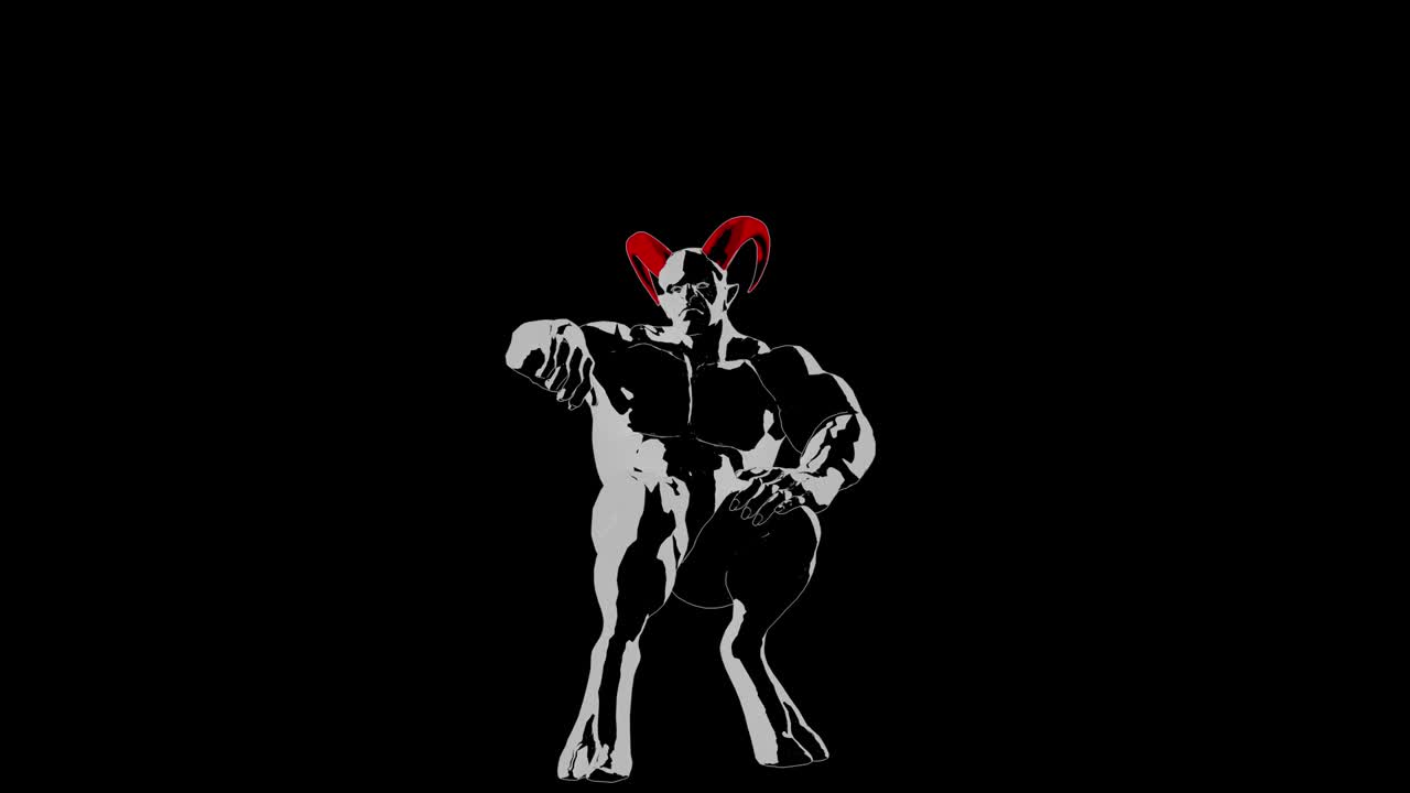 demonio, diablo, enano con cuernos en estilo de vanguardia imponentemente se sienta y refleja