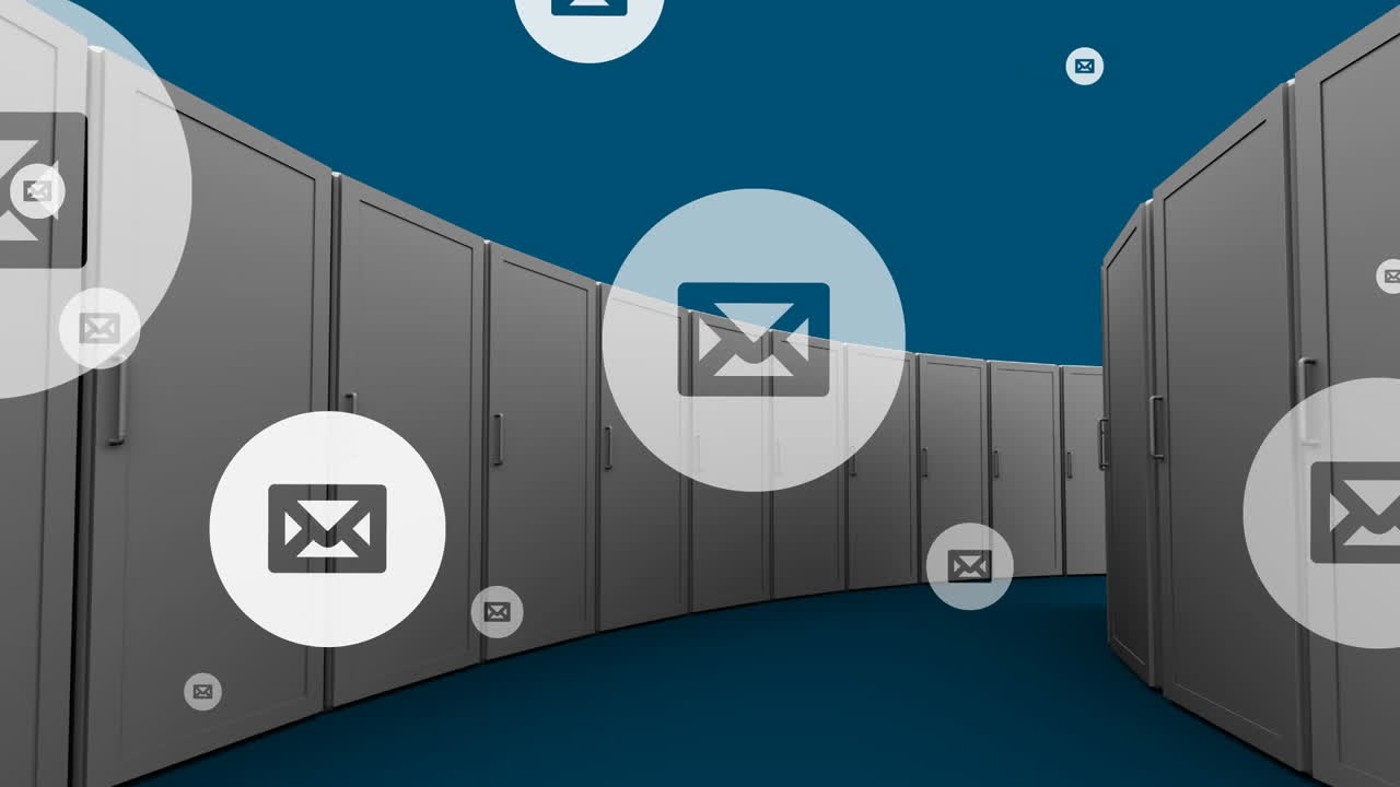Animation of social media email icons over computer servers