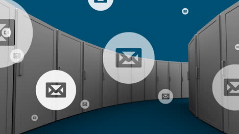 animación de iconos de correo electrónico de las redes sociales a través de servidores informáticos.