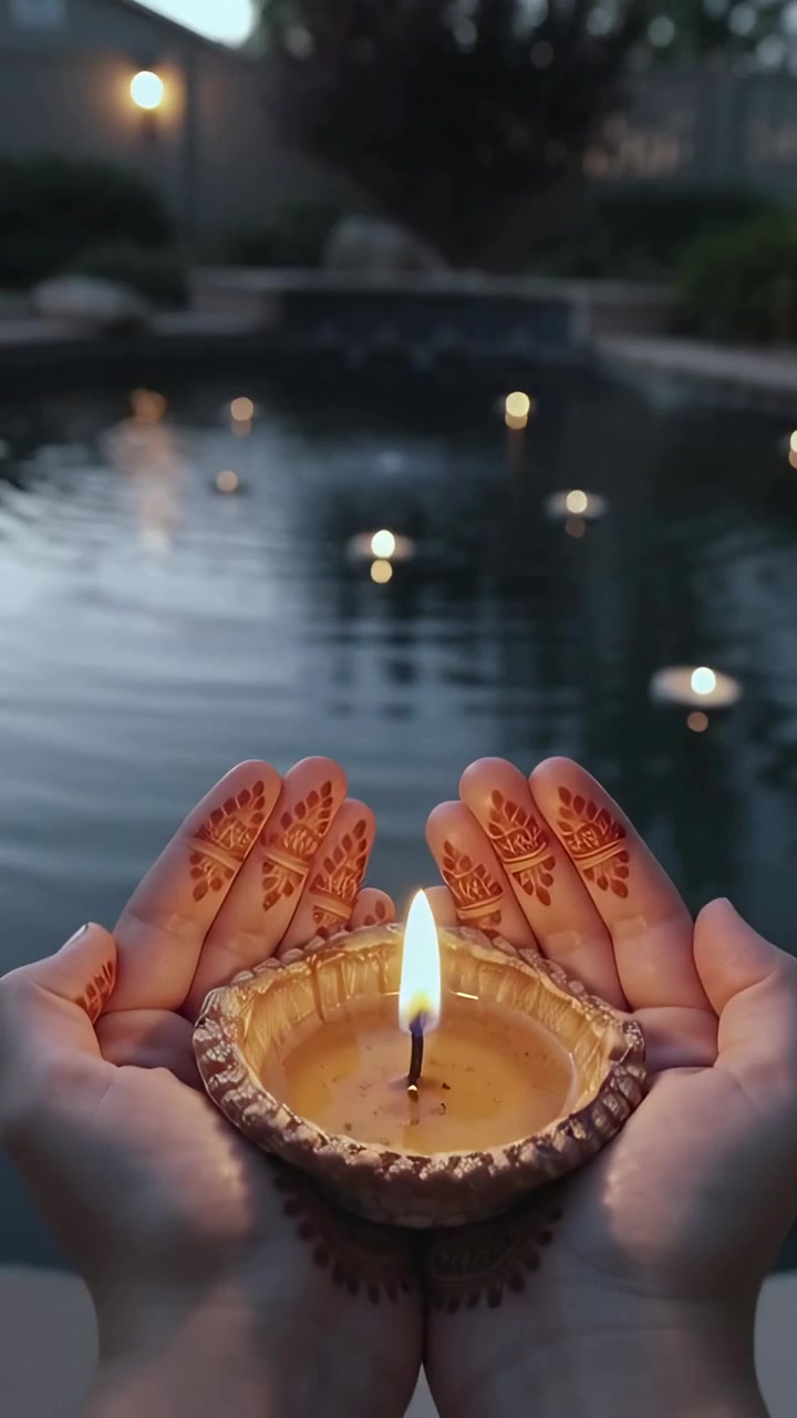 Vertical video: Entering cupped henna hands holding diya, drawing focus to floating candles on pond