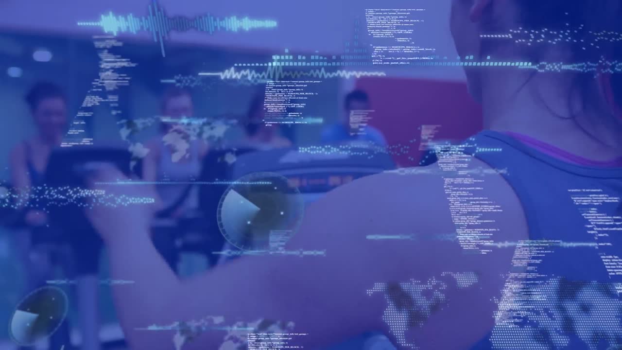 Animation of data processing over people on stationary bikes, exercising in gym
