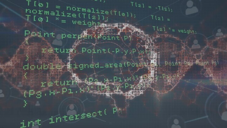 Animation of network of profile icons and data processing against spinning human brain icon