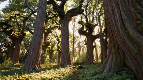 sunlight streams through an ancient forest