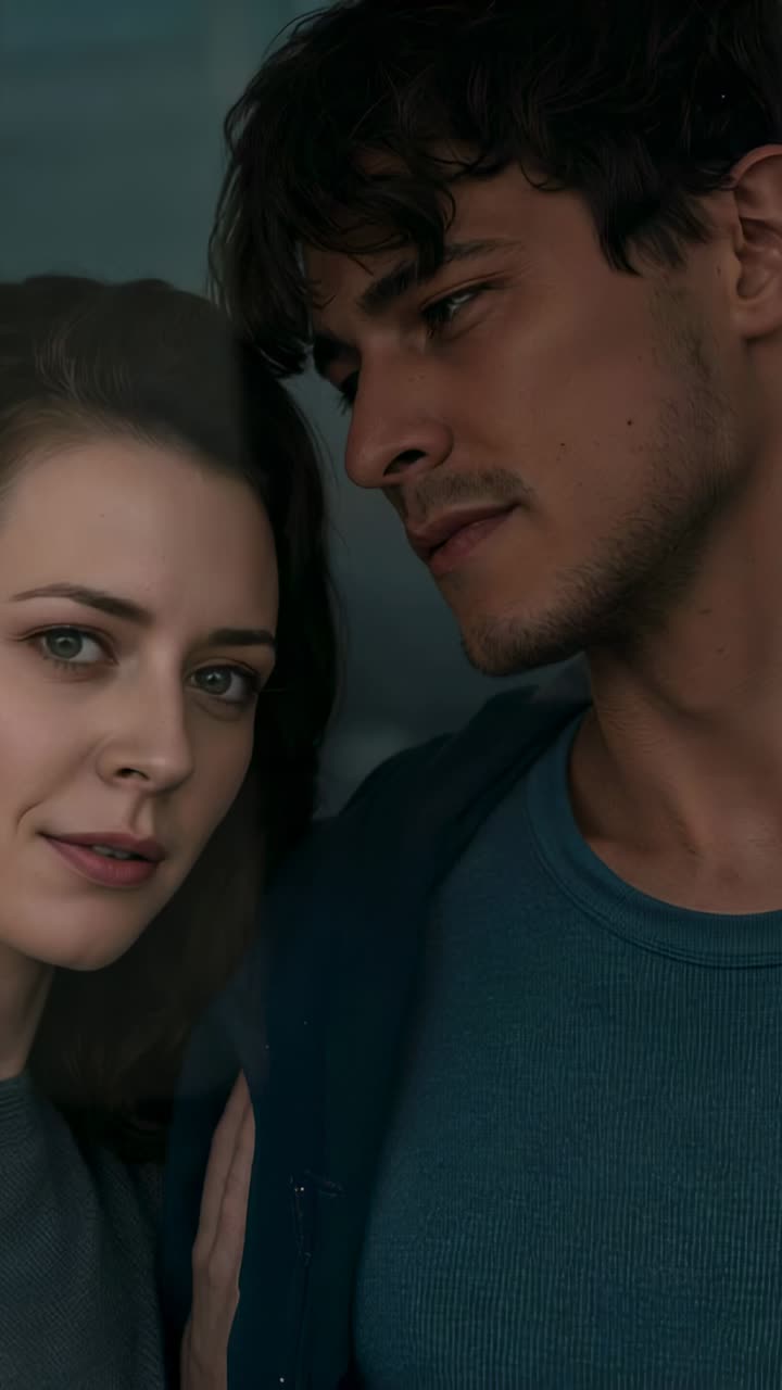 Vertical video: Turning woman and man leaning at window loving hand touching chest on blue crewneck