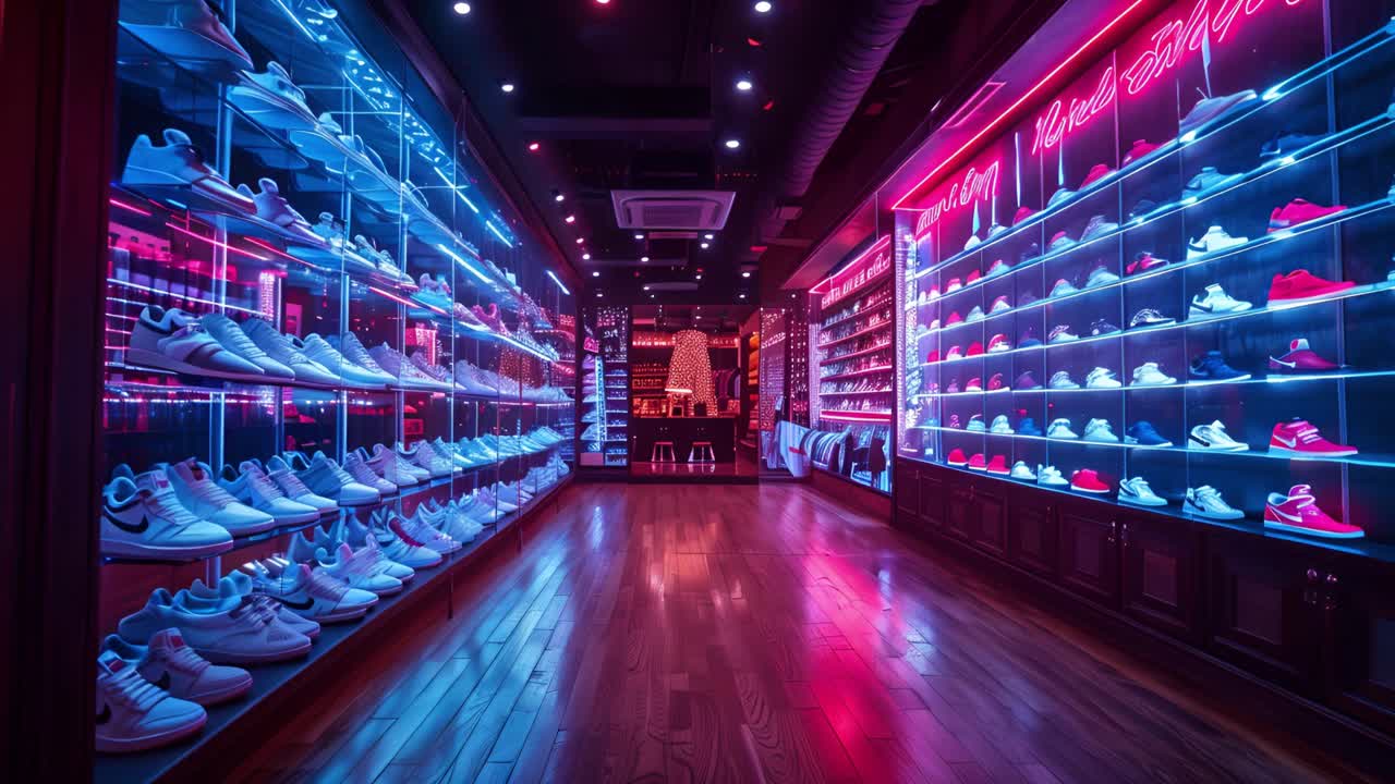 Vibrant Neon-Lit Modern Sneaker Store Interior