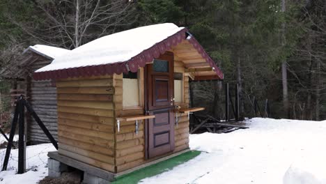 rustic wooden cottage in snow forest during winter