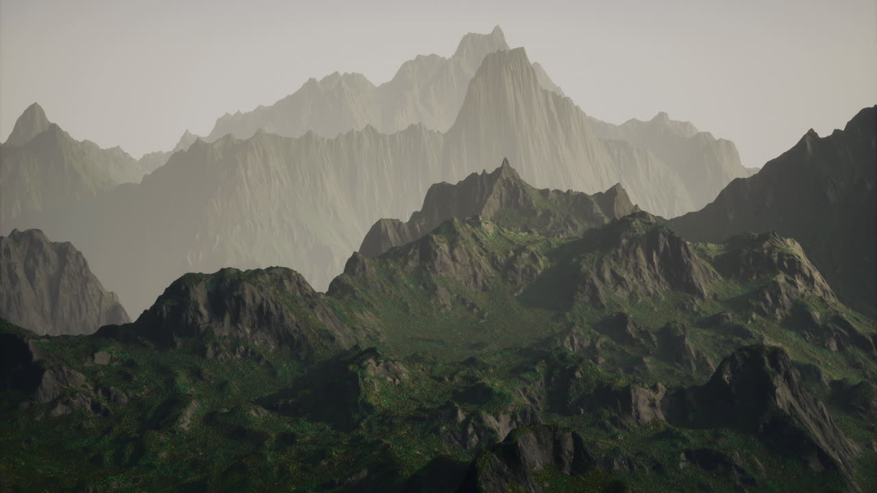 Dramatic mountain landscape showcasing rugged peaks and lush vegetation