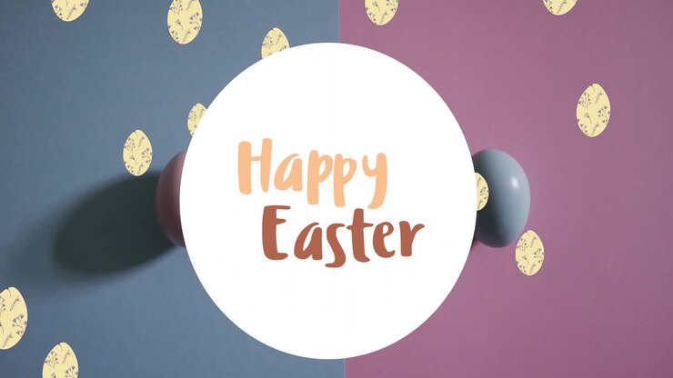 Animation of happy easter text over colourful eggs on purple and blue background