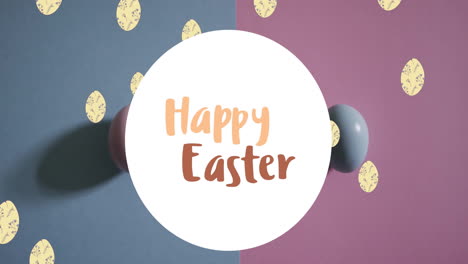 animation of happy easter text over colourful eggs on purple and blue background