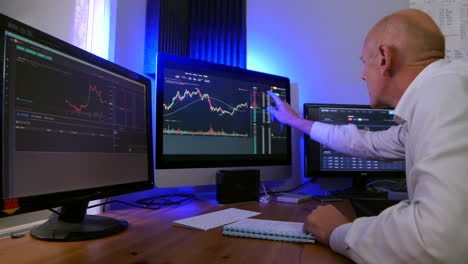 a city trader in a crypto and forex stock trading office. the mature man is taking notes.