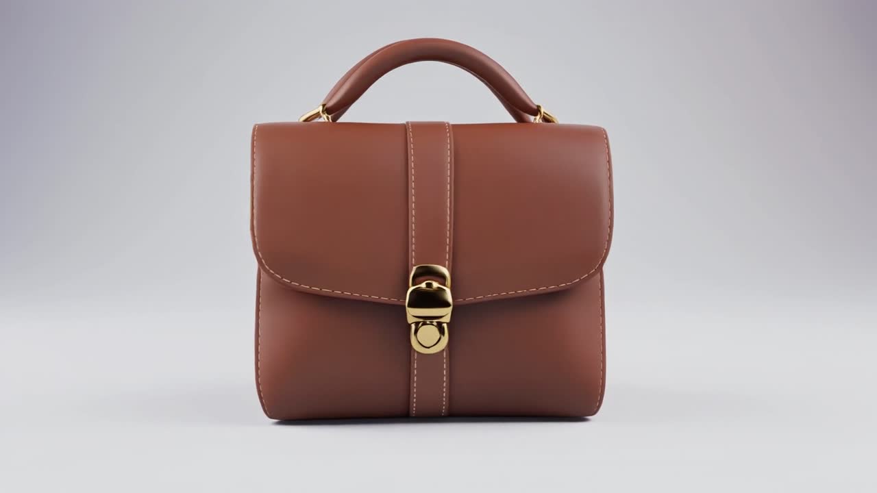 Borsa a mano in pelle marrone in rotazione su sfondo bianco