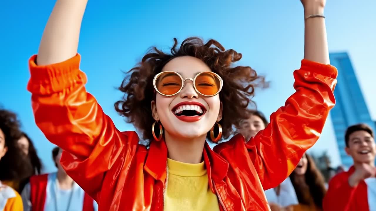 A group of young women in orange jackets and sunglasses cheering