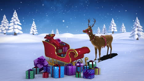 Rudolph-Mit-Weihnachtsmann-Schlitten-Voller-Geschenke-In-Verschneiter-Landschaft