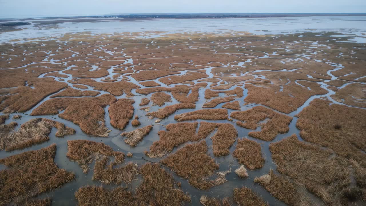 Launching drone documenting tidal marsh at coast, showing interwoven channels and brown grass