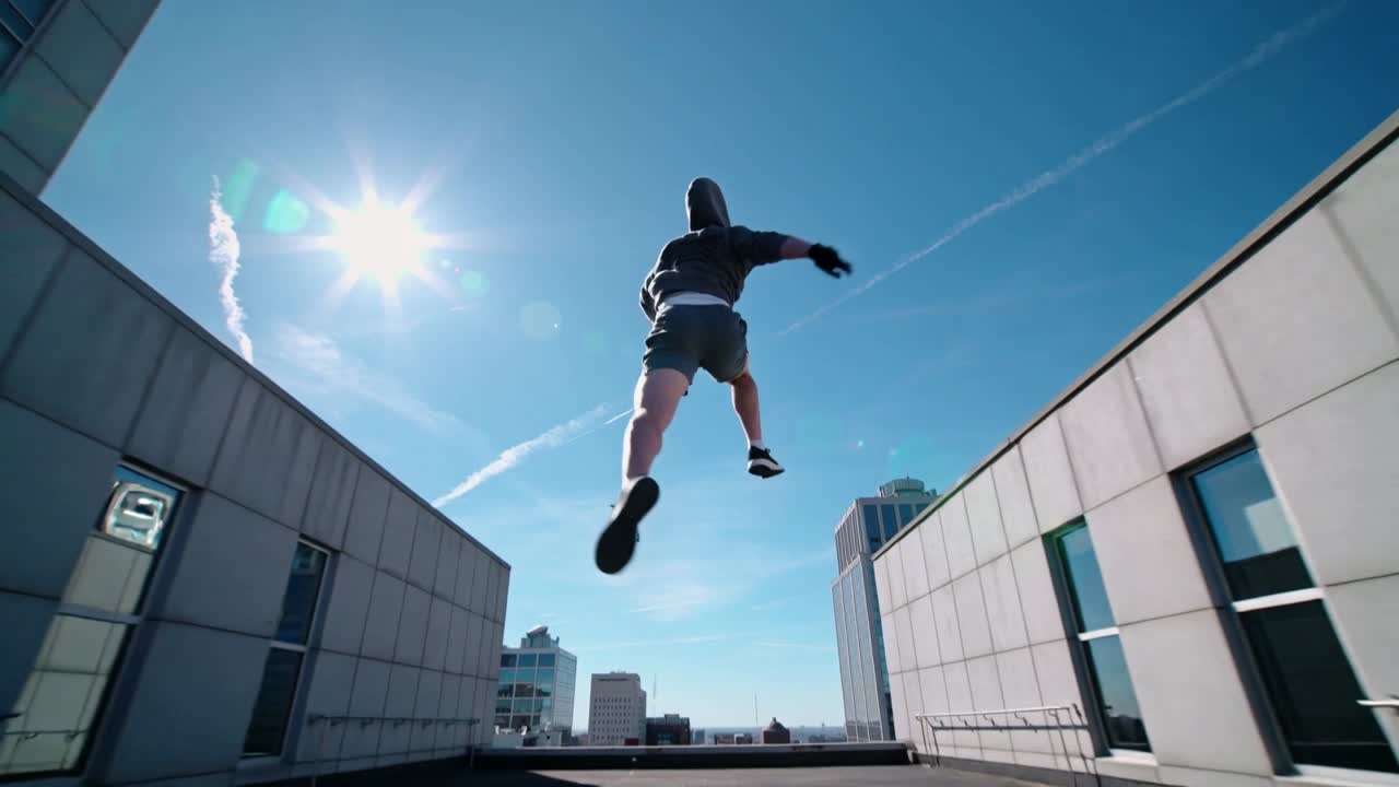 En parkourlöpare springer och tar sats från en taklist, försöker ta sig över ett takgap, iklädd huvtröja och handskar.