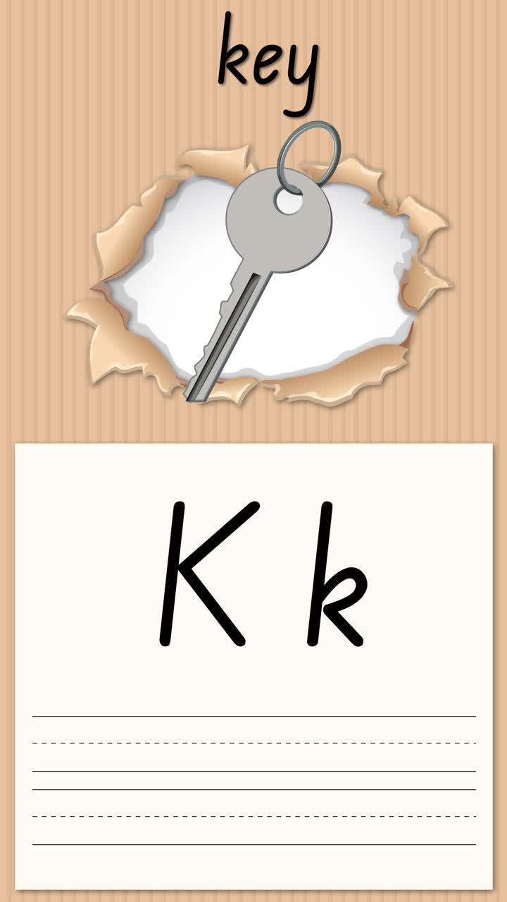 Video educativo animato che dimostra la scrittura della lettera K e lo spelling di 'key' su sfondo di carta a righe