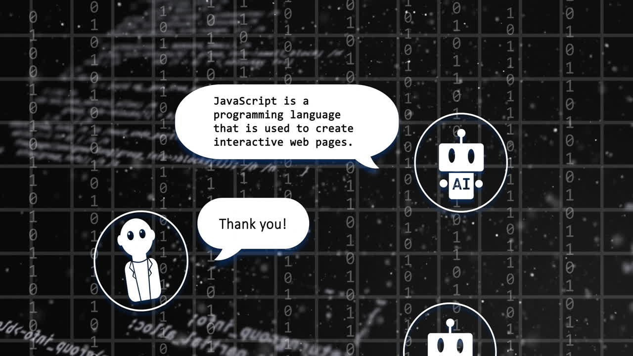 Animation of ai chat interface, grid pattern and computer language over black background