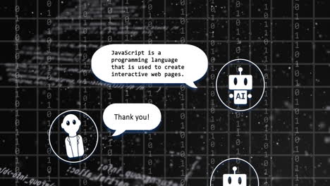 animación de la interfaz de chat ai, el patrón de cuadrícula y el lenguaje de la computadora sobre fondo negro