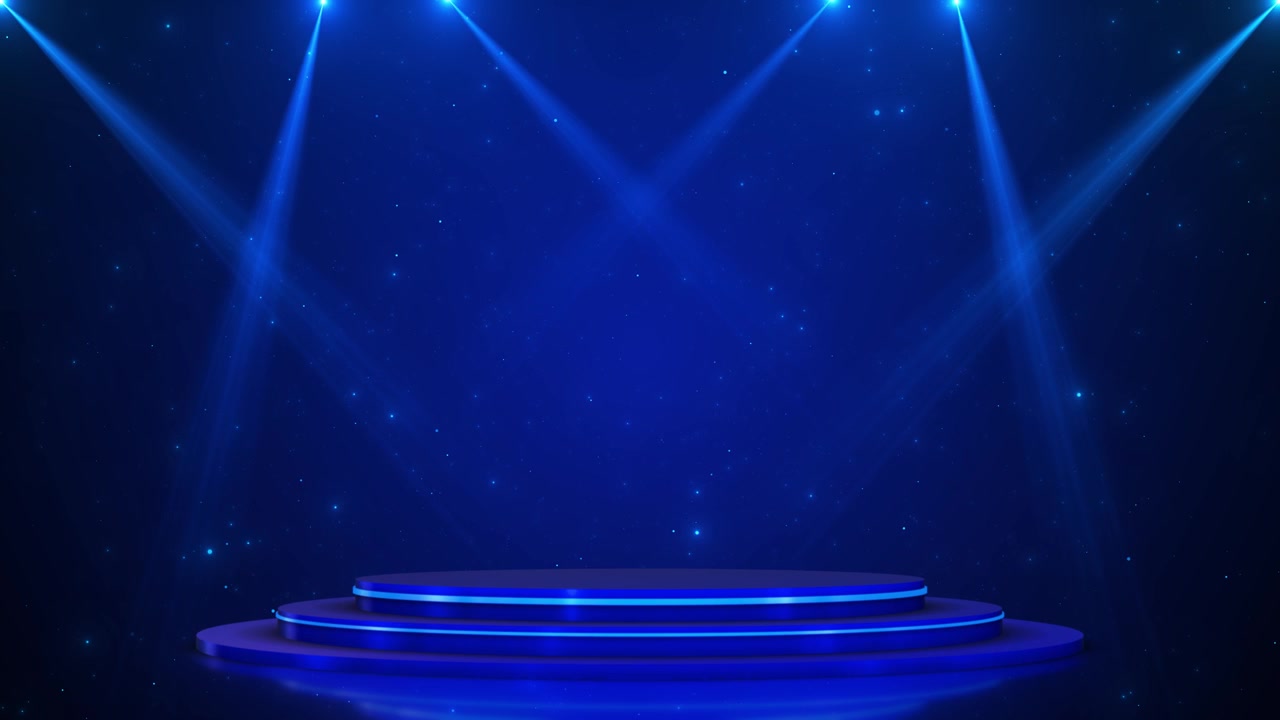 Blå spotlight scenebaggrund med glødende platform, stjernepartikler, bløde stråler og elegant mørk.