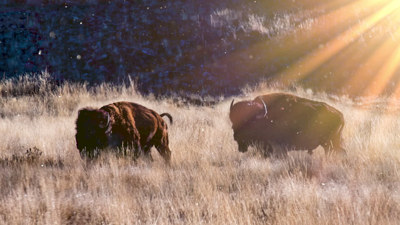 hermoso cinemagraph del sol vespertino brillando sobre dos bisontes