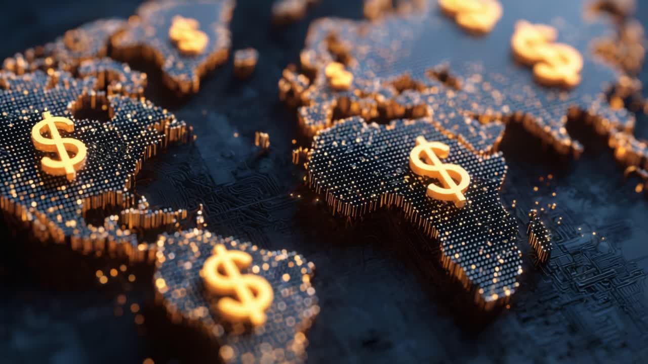 A Close-Up View of a Detailed World Map Highlighting Economic Connections Through Illuminated Dollar Symbols Representing Global Finance Trends