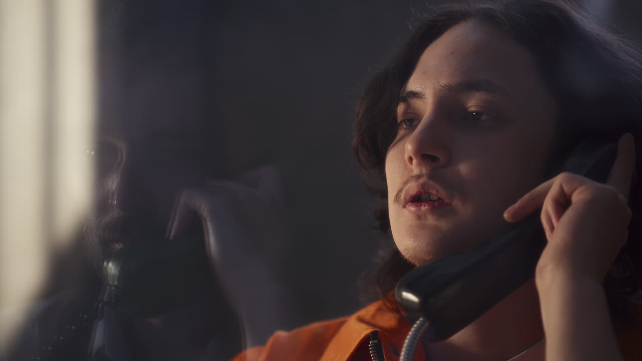 Inmate Responding to Interrogator on Phone in Prison Visitation Booth