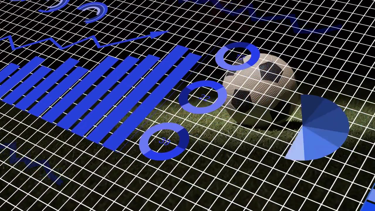 Scena di analisi sportiva che si anima in riproduzione, sovrapponendo grafici blu su un pallone da calcio per mostrare le metriche