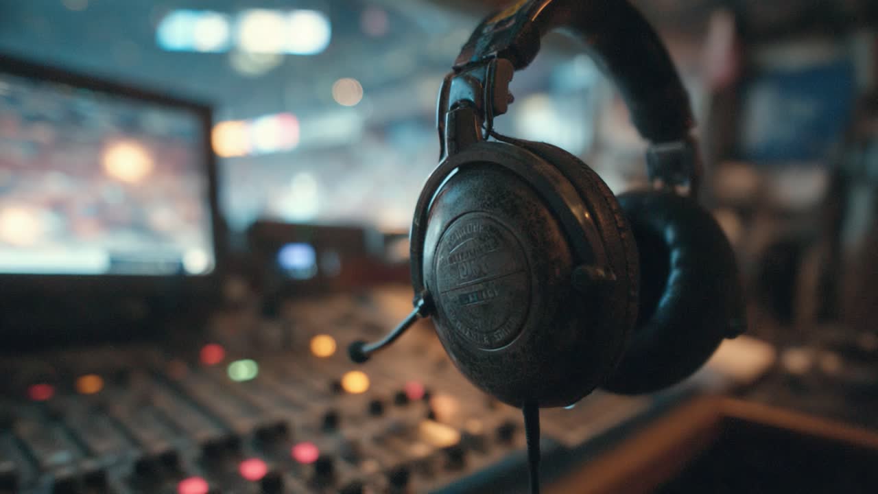 Captivating Close-Up of Vintage Headphones Amidst a Dynamic Audio Mixing Environment, Showcasing the Detail and Craft of Modern Sound Production