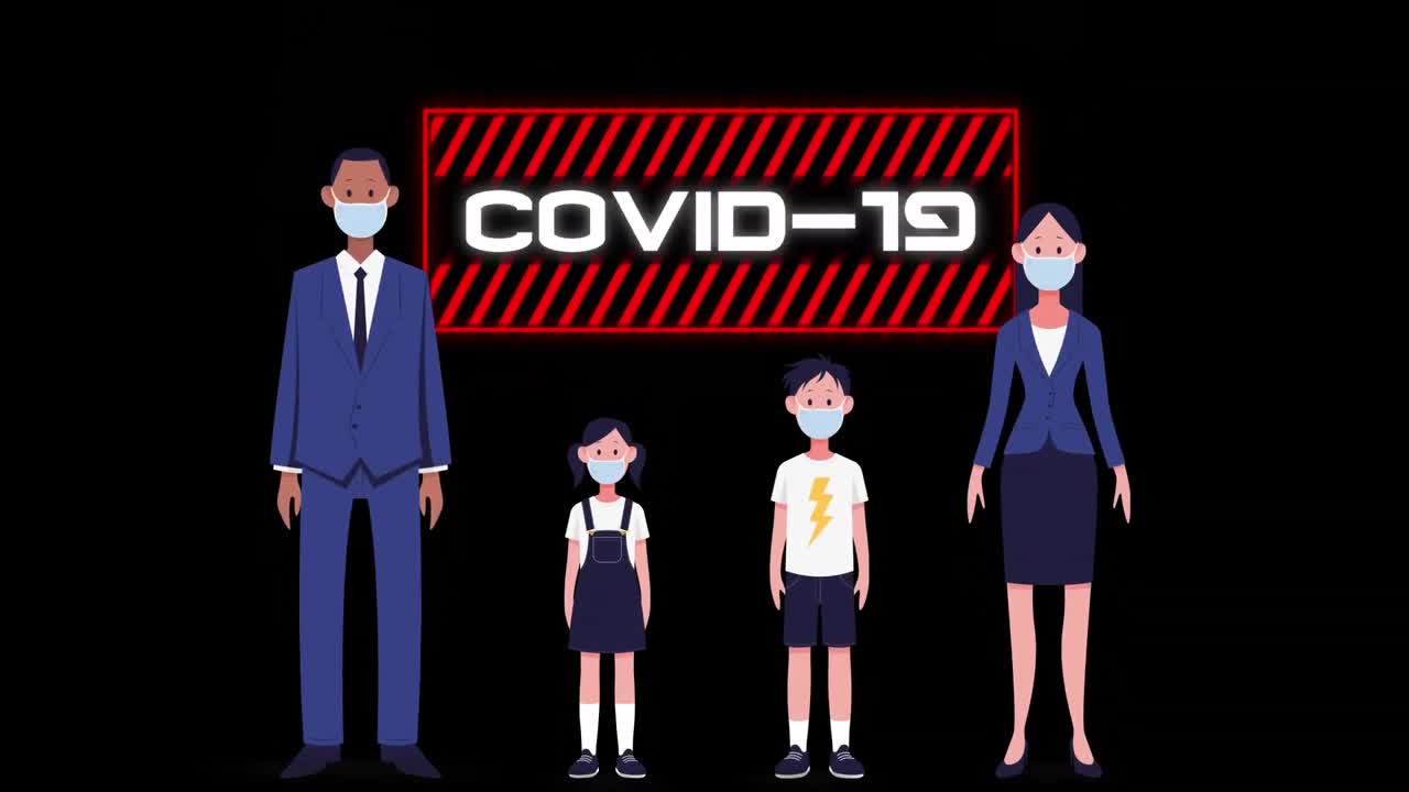 블랙 배경에 코로나19 텍스트 위에 얼굴 마스크를 착용한 가족 아이콘