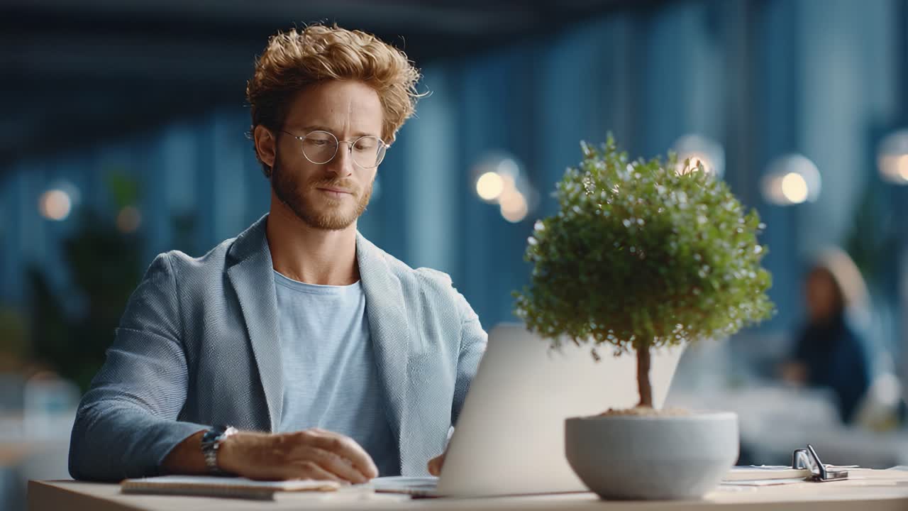 Fokusert person engasjert i arbeid på en moderne arbeidsplass omgitt av naturlige elementer, som vurderer ideer med en bærbar datamaskin og en potteplante på skrivebordet