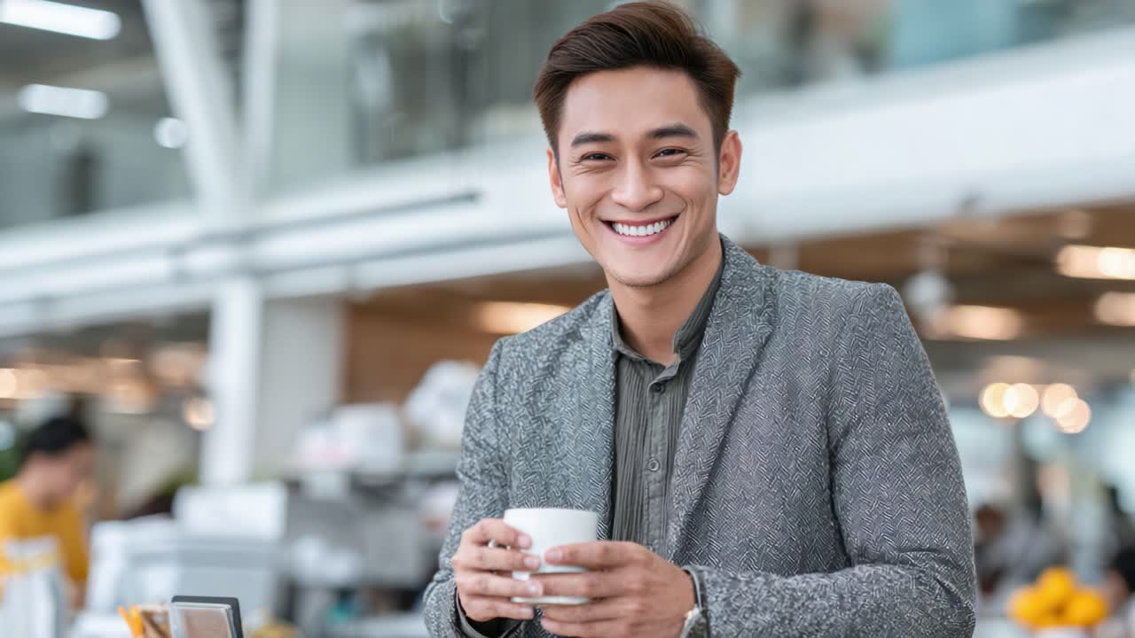 A Happy Young Man Enjoying a Cup of Coffee in a Modern Café, Radiating Positivity and Charm While Engaging in a Relaxed Moment