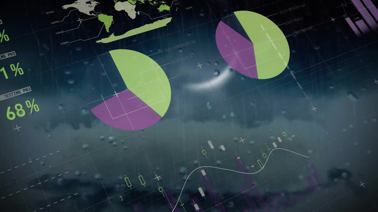 Creating data visualization with pie charts and graphs on stormy weather background