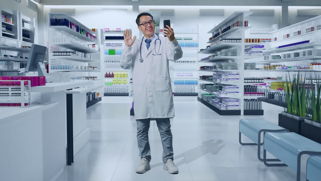 스테토스코프를 들고 있는 아시아 남성 의사의 몸이 가득 차 있고, 손을 흔들고 약국에 서서 스마트폰으로 비디오 통화를 하고 있습니다.