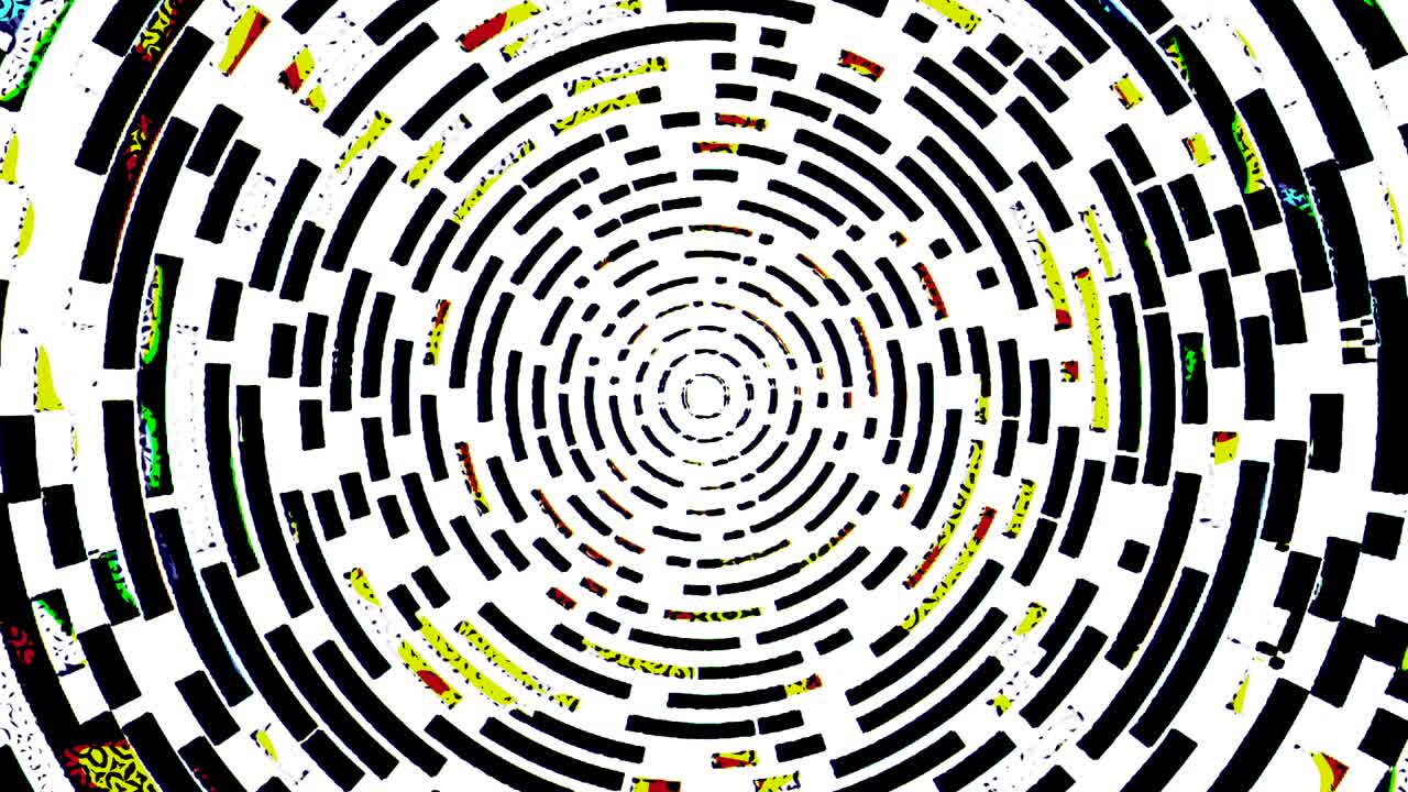 laberinto redondo dinámico y fresco con patrones de colores en constante cambio, fondo retro musical. ilustración giratoria.