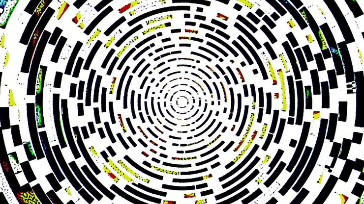 Cool dynamic round labyrinth with constantly changing color patterns, musical retro background. Rotating illustration.