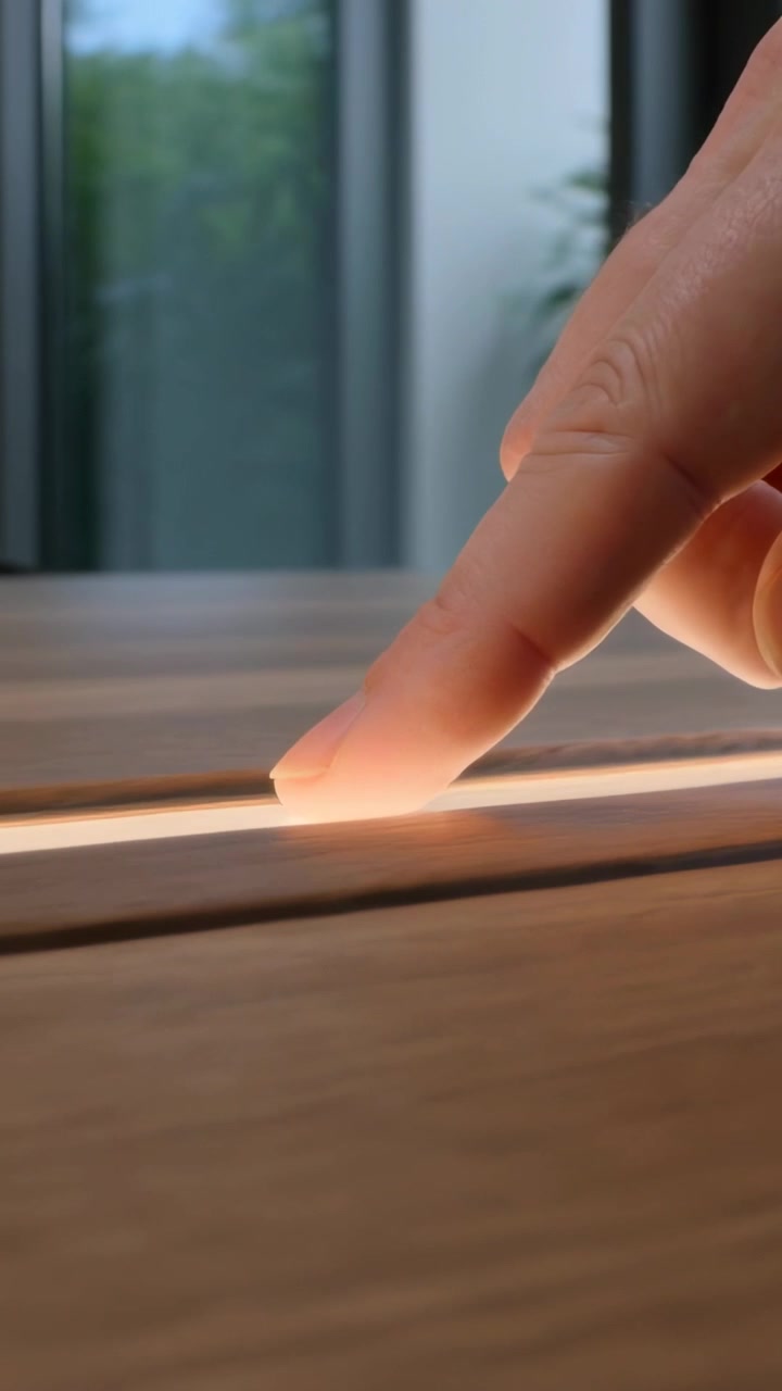 Video vertical: Moviendo el dedo derecho presionando y luego deslizando por la junta de madera cerca de la ventana probando LED