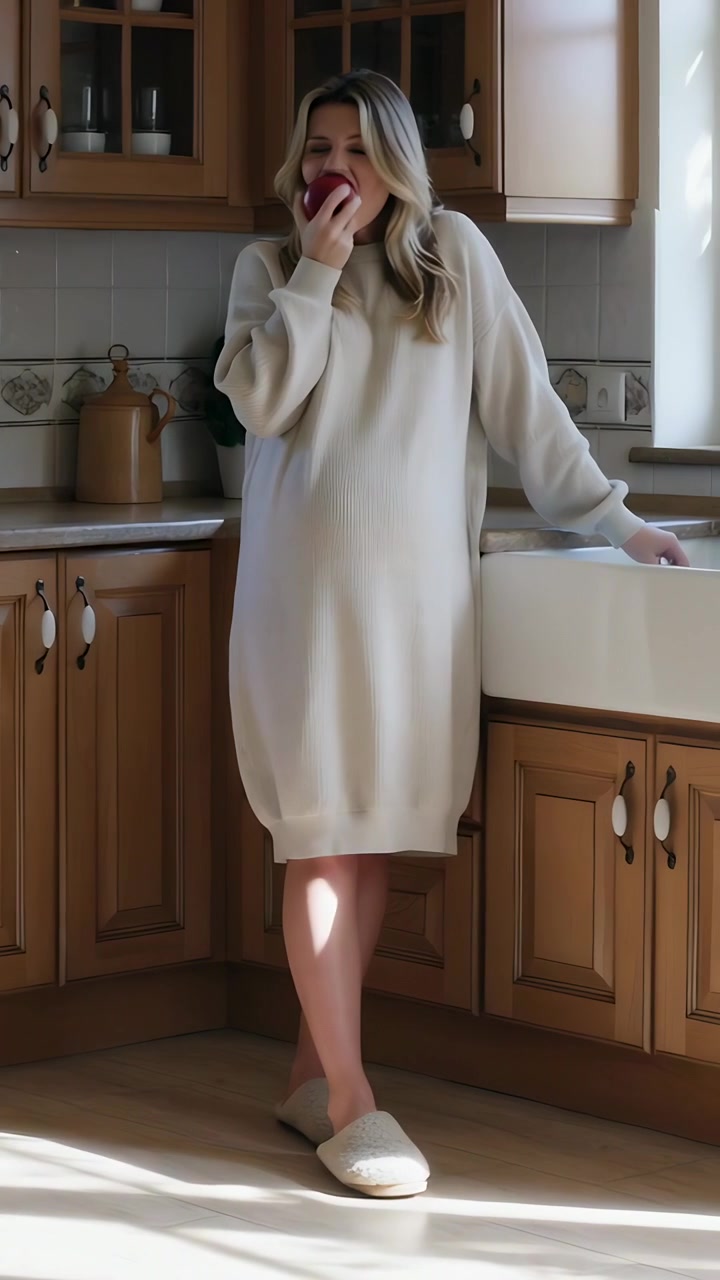 Video verticale: Donna con un maglione che porta una mela alla bocca, appoggiata a un lavandino e mastica per uno spuntino.