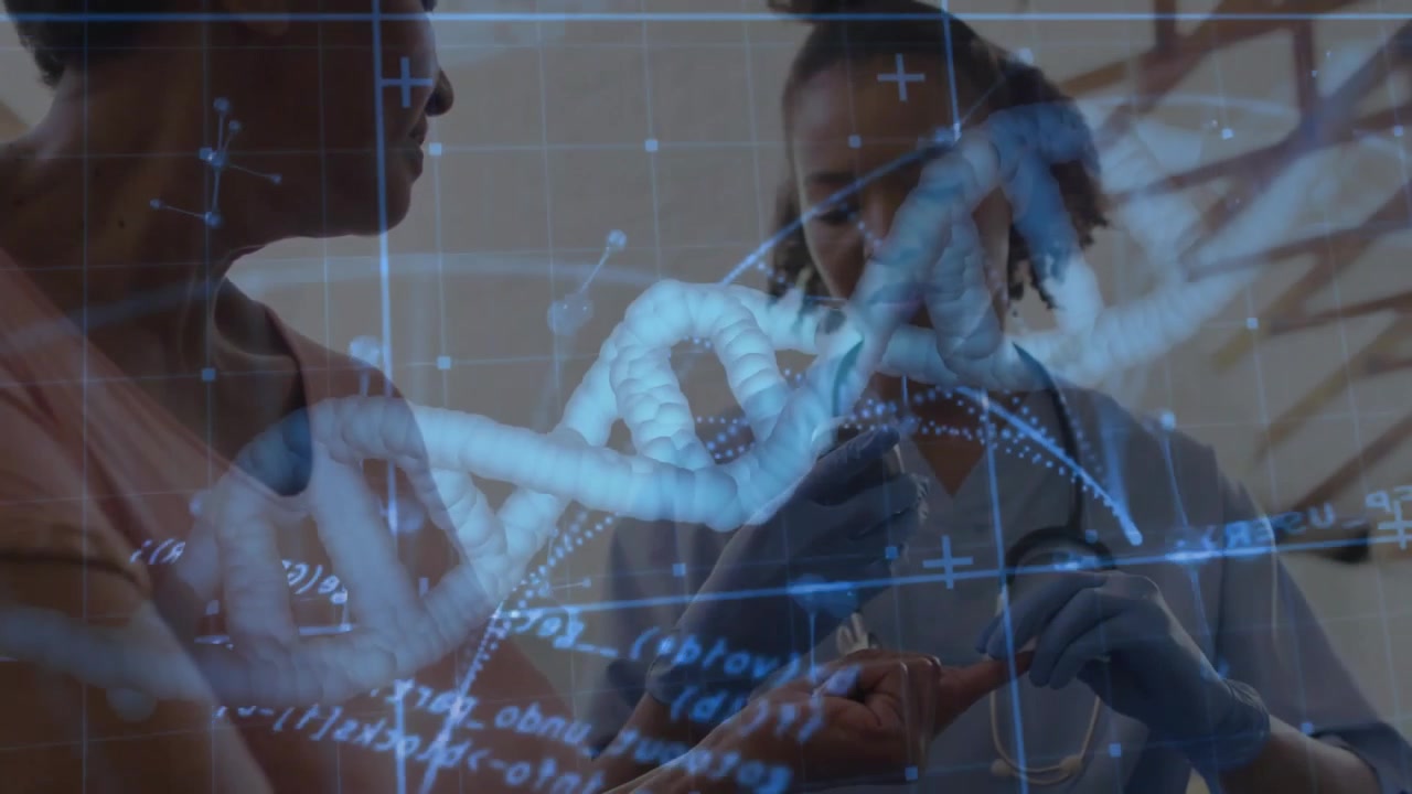 Provider performing finger-prick testing upon hand extension for analysis with rotating DNA overlay