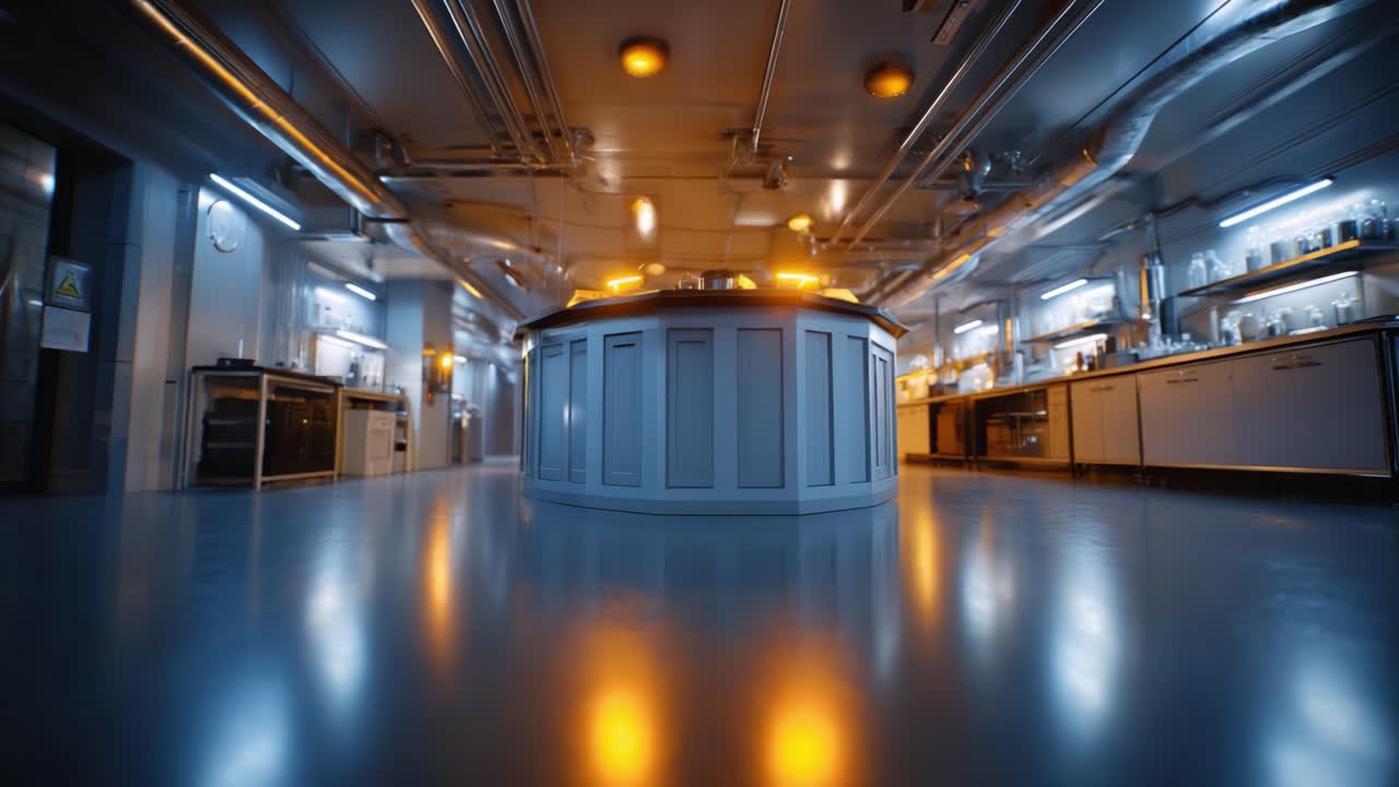 Cocina industrial moderna con elegantes acabados plateados e isla central iluminada que exhibe un entorno y un equipo culinarios profesionales