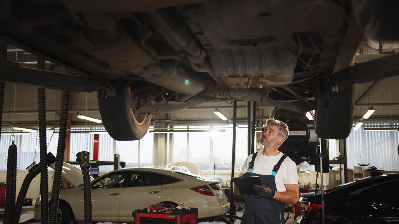 inspección del tren de aterrizaje de un automóvil en un garaje