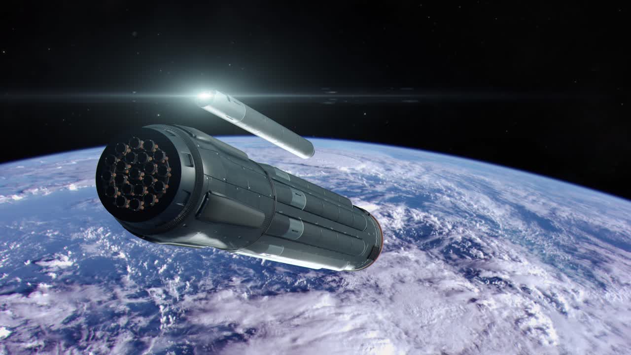 지구의 도에 있는 도 무기 플랫폼은 바다 위에서 표면을 향해 미사일을 발사합니다.