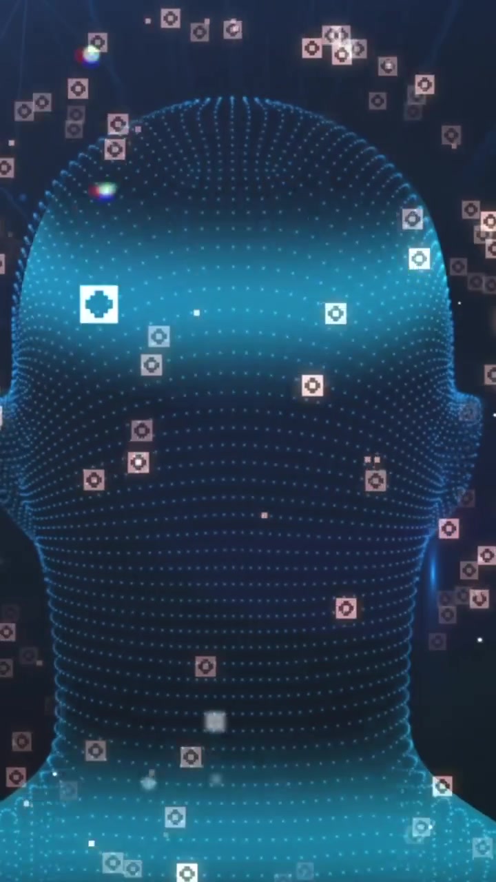 Animation of illuminating human face with connected icons and dots over abstract background