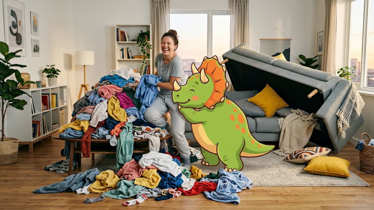 Woman Laughs While Folding Laundry with a Cartoon Dinosaur in a Messy Living Room