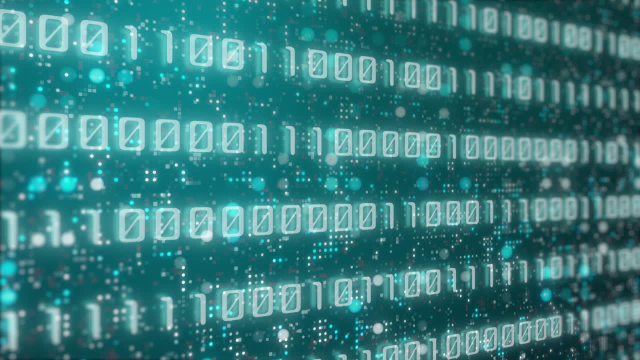 Abstract blue background with binary computer code. A panel with rapidly changing zeros and ones. Looped animation. Blinking blurred pixel dots.