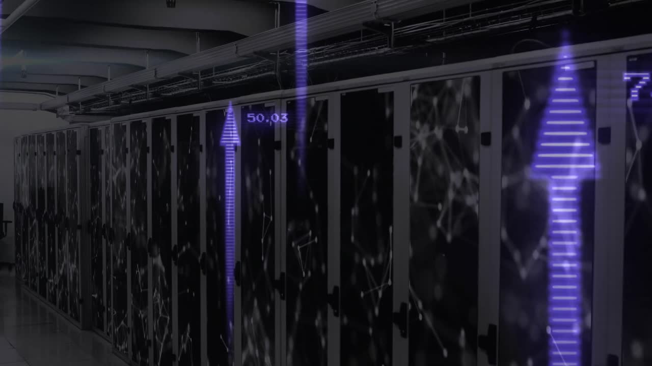 Animation of financial data processing with arrows over server room