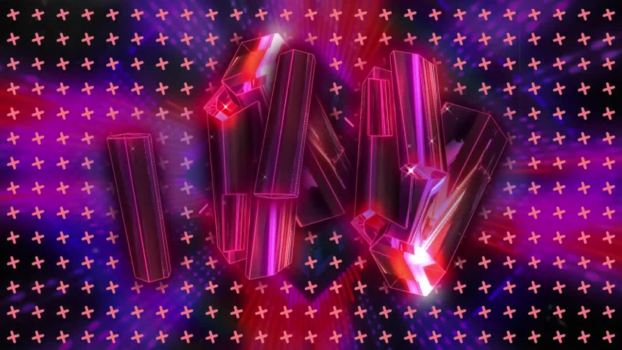 Video of pink glowing metallic blocks over neon pattern